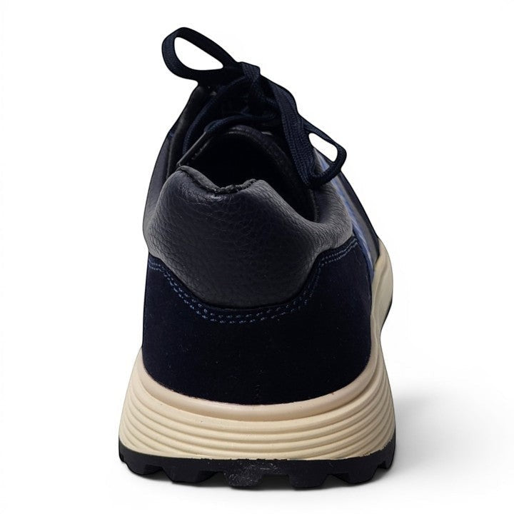 BRIKLYN men's navy blue suede and leather casual sneakers with cream sole and lace-up closure.