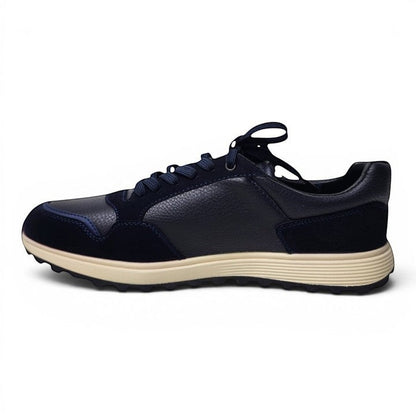 BRIKLYN men's navy blue suede and leather casual sneakers with cream sole and lace-up closure.