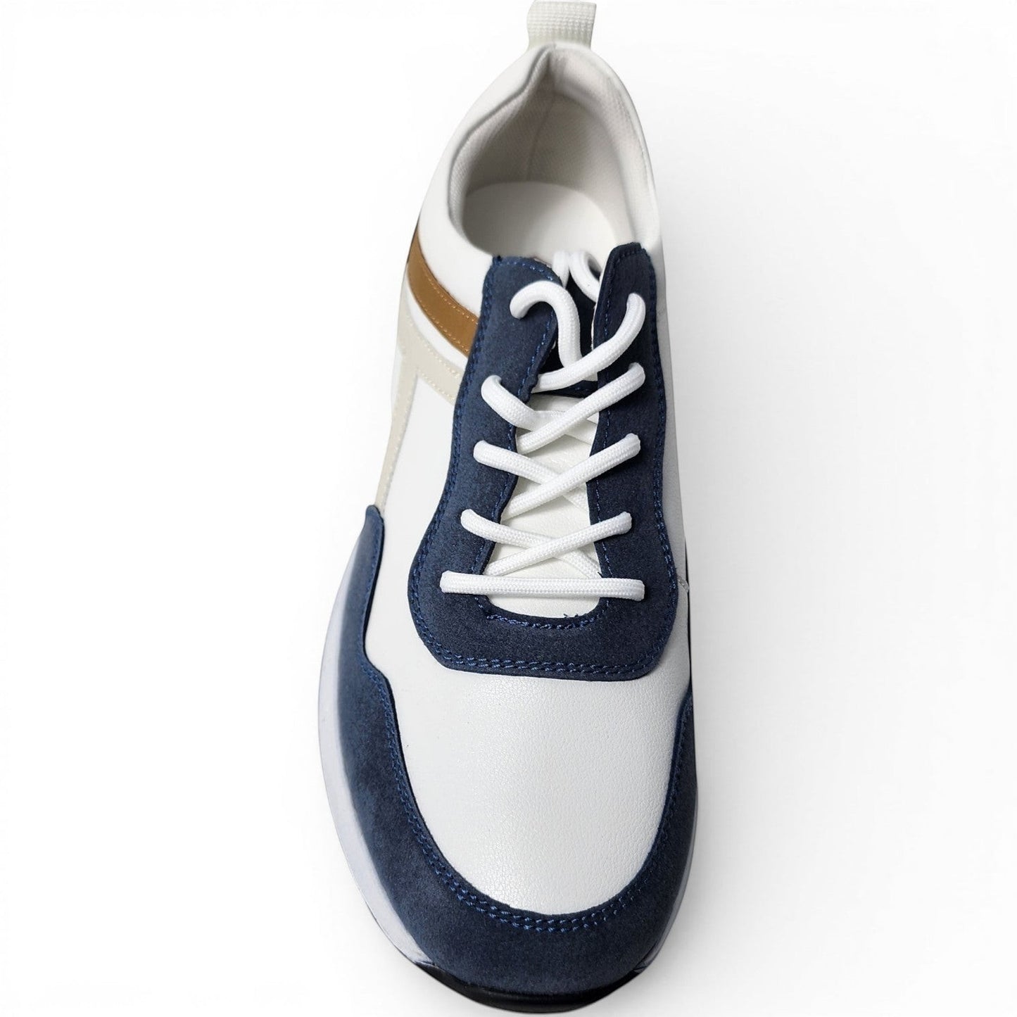 BRIKLYN men's navy and white leather and suede lace-up sneakers with tan accents.