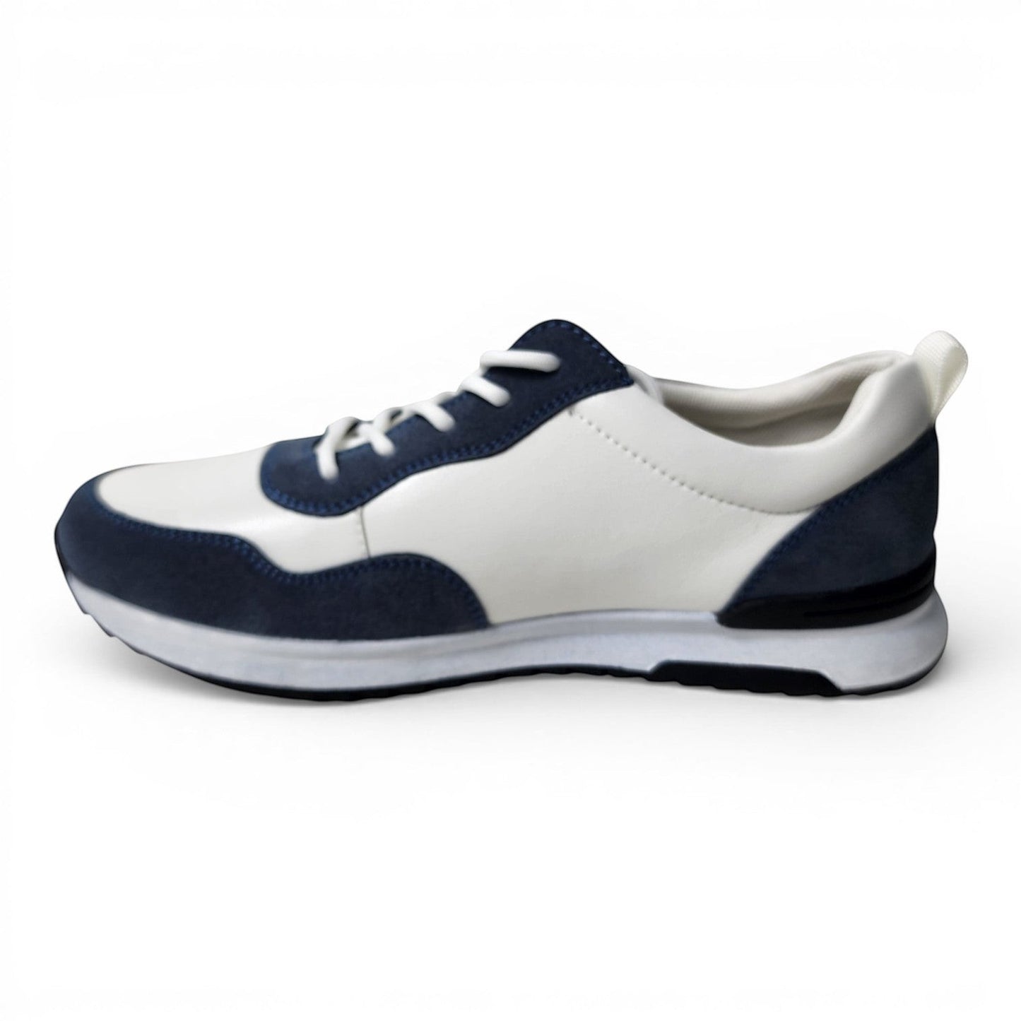 BRIKLYN men's navy and white leather and suede lace-up sneakers with tan accents.