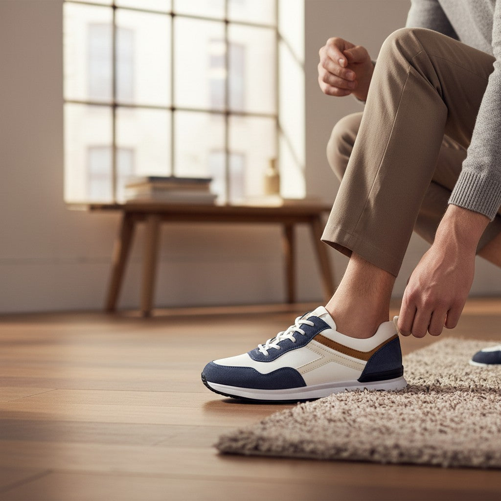 BRIKLYN men's navy, white, and tan leather & suede lace-up sneakers.