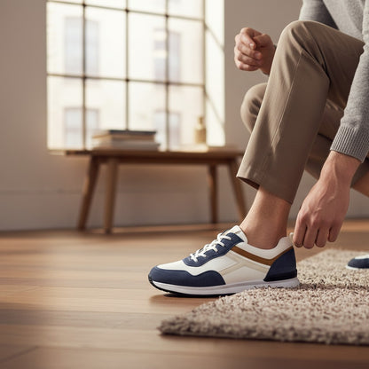 BRIKLYN men's navy, white, and tan leather & suede lace-up sneakers.