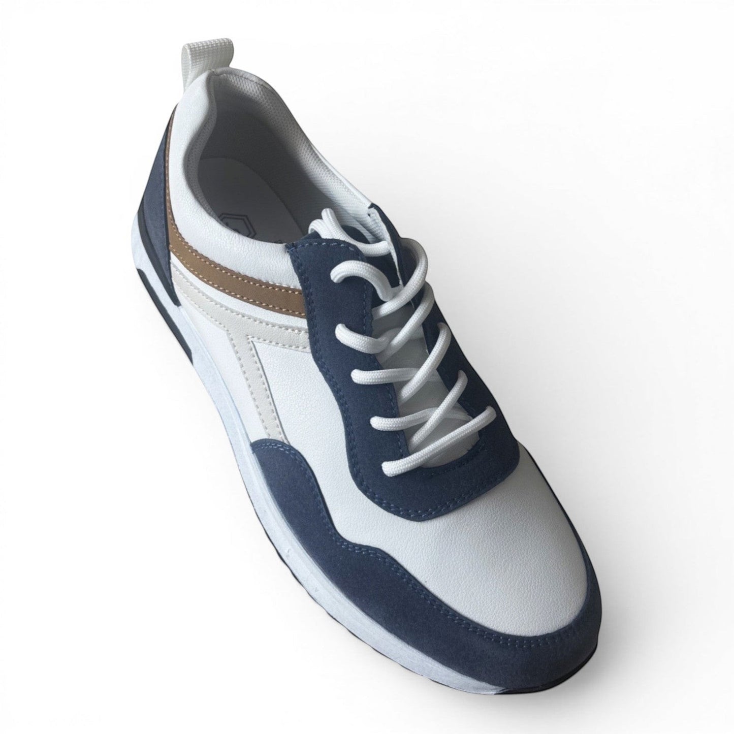 BRIKLYN men's navy, white, and tan leather and suede lace-up sneakers.