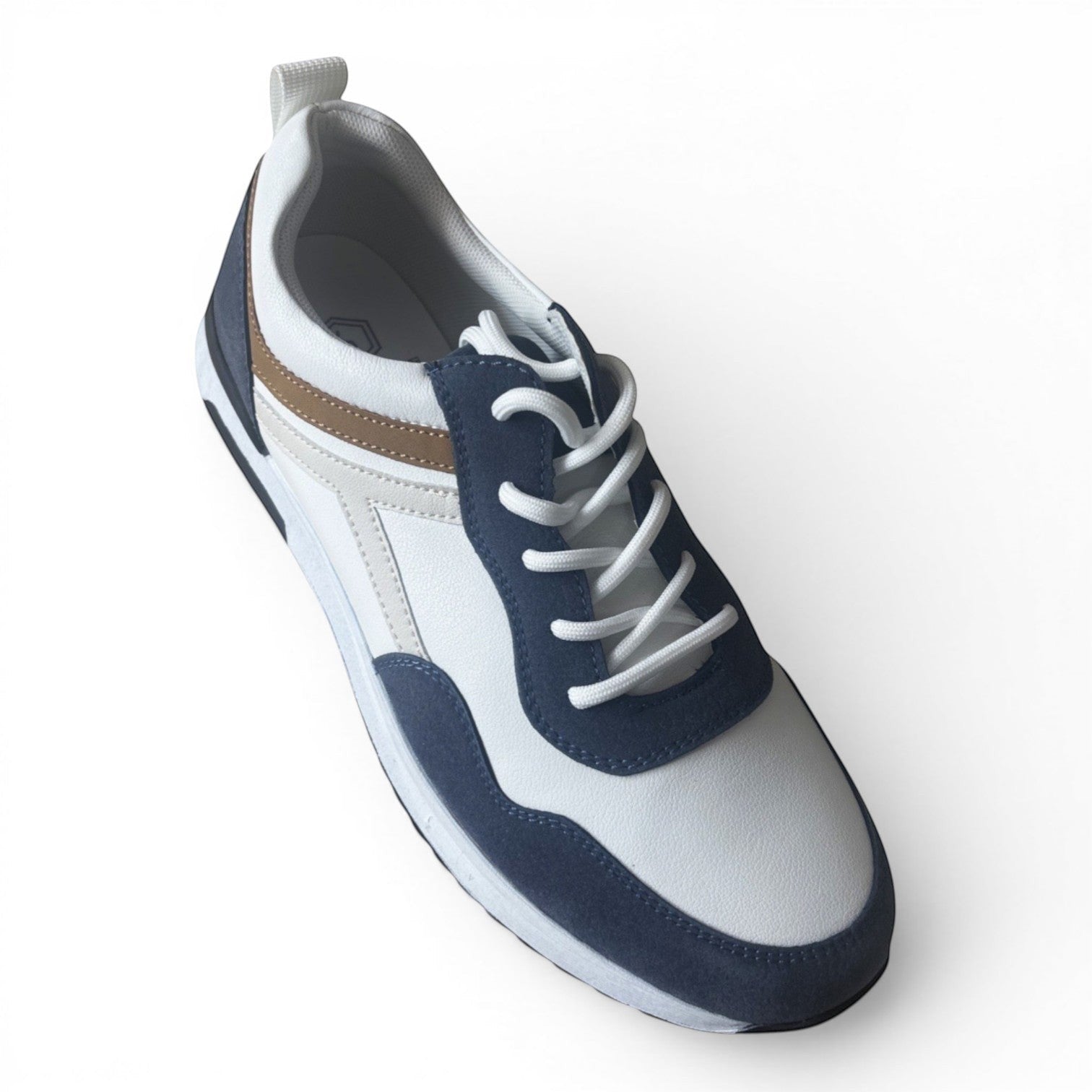 BRIKLYN men's navy, white, and tan leather and suede lace-up sneakers.