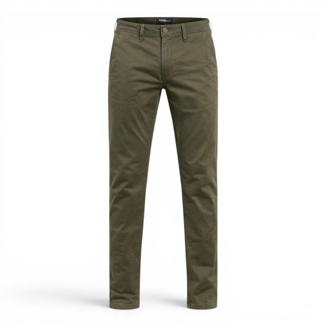 BRIKLYN olive green classic fit chino pants in durable cotton twill with a five-pocket design.