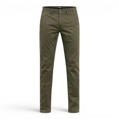 BRIKLYN olive green classic fit chino pants in durable cotton twill with a five-pocket design.