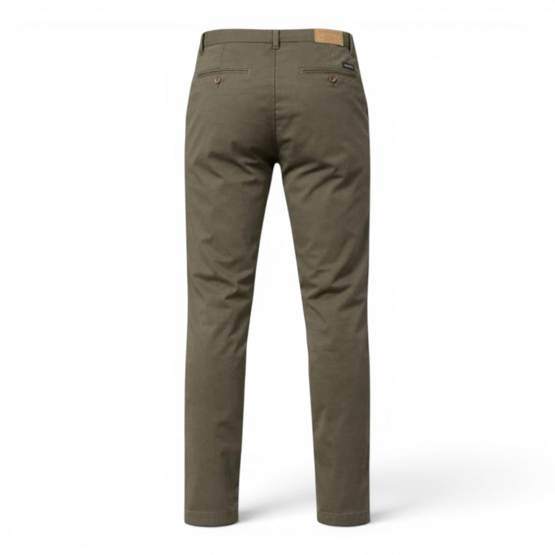 BRIKLYN olive green classic fit chino pants in cotton twill with five-pocket design.
