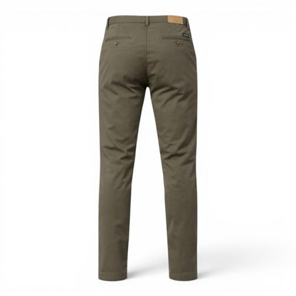 BRIKLYN olive green classic fit chino pants in cotton twill with five-pocket design.