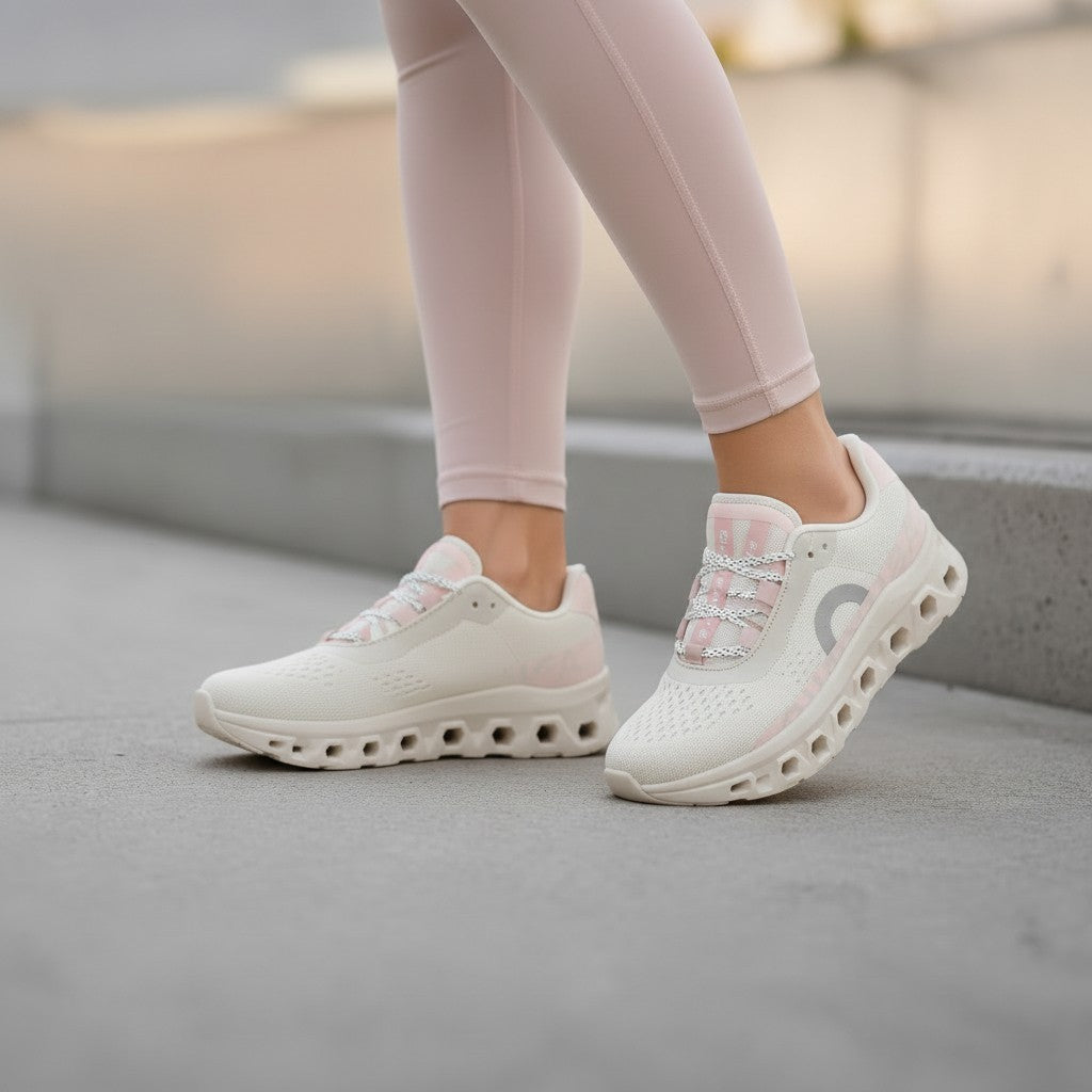 BRIKLYN cream and blush pink On Running Cloudflow performance sneakers with mesh upper and hollow-pod sole on a runner