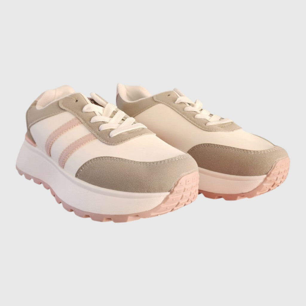BRIKLYN platform sneakers in cream, beige, and dusty rose with a chunky lugged sole and lace-up closure.