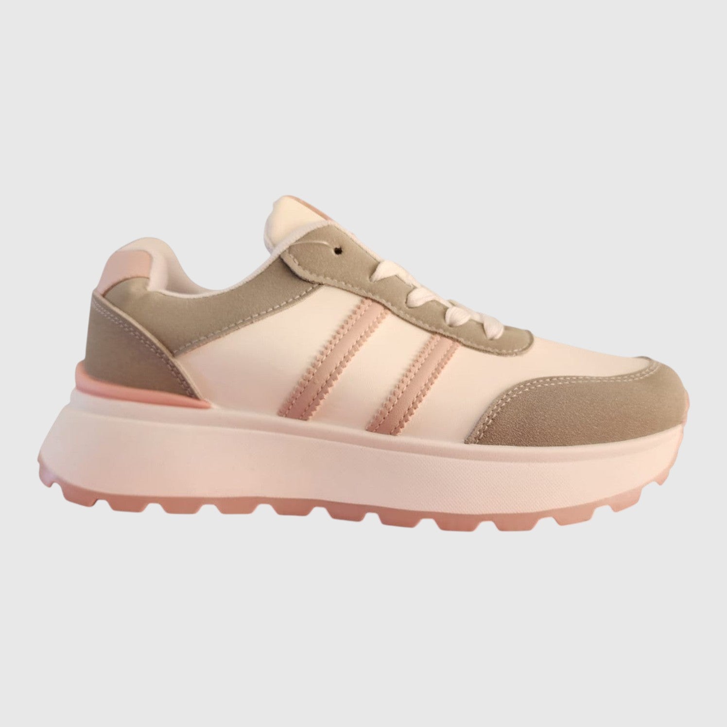 BRIKLYN platform sneakers in cream, beige, and dusty rose with suede-like overlays and a chunky lugged sole.
