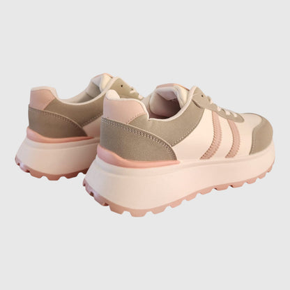 BRIKLYN platform sneakers in cream, beige, and dusty rose with a chunky lugged sole and suede-like layered design.