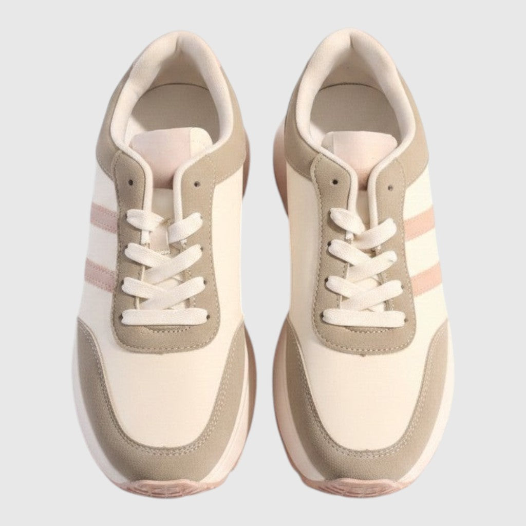 BRIKLYN platform sneakers in cream, beige, and dusty rose with suede-like overlays and a chunky lugged sole.