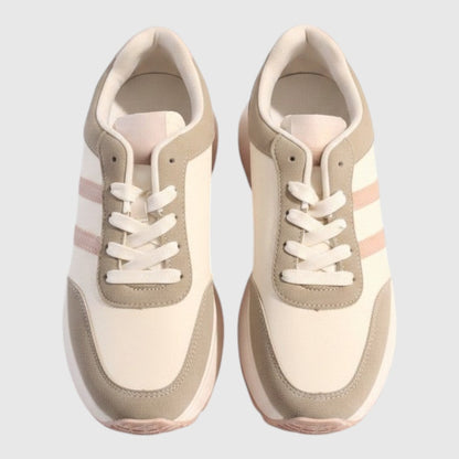 BRIKLYN platform sneakers in cream, beige, and dusty rose with suede-like overlays and a chunky lugged sole.