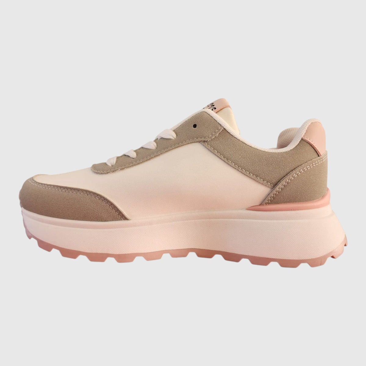 BRIKLYN platform sneakers in cream, beige, and dusty rose with suede-like overlays and a chunky lugged sole.