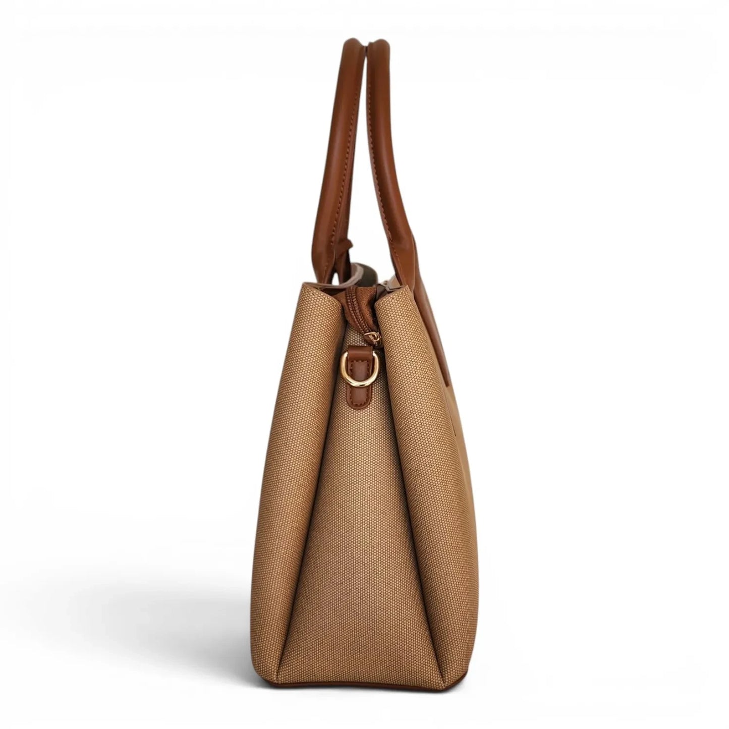 Side view of a BRIKLYN tan canvas tote bag with brown faux leather handles and gold-toned hardware.