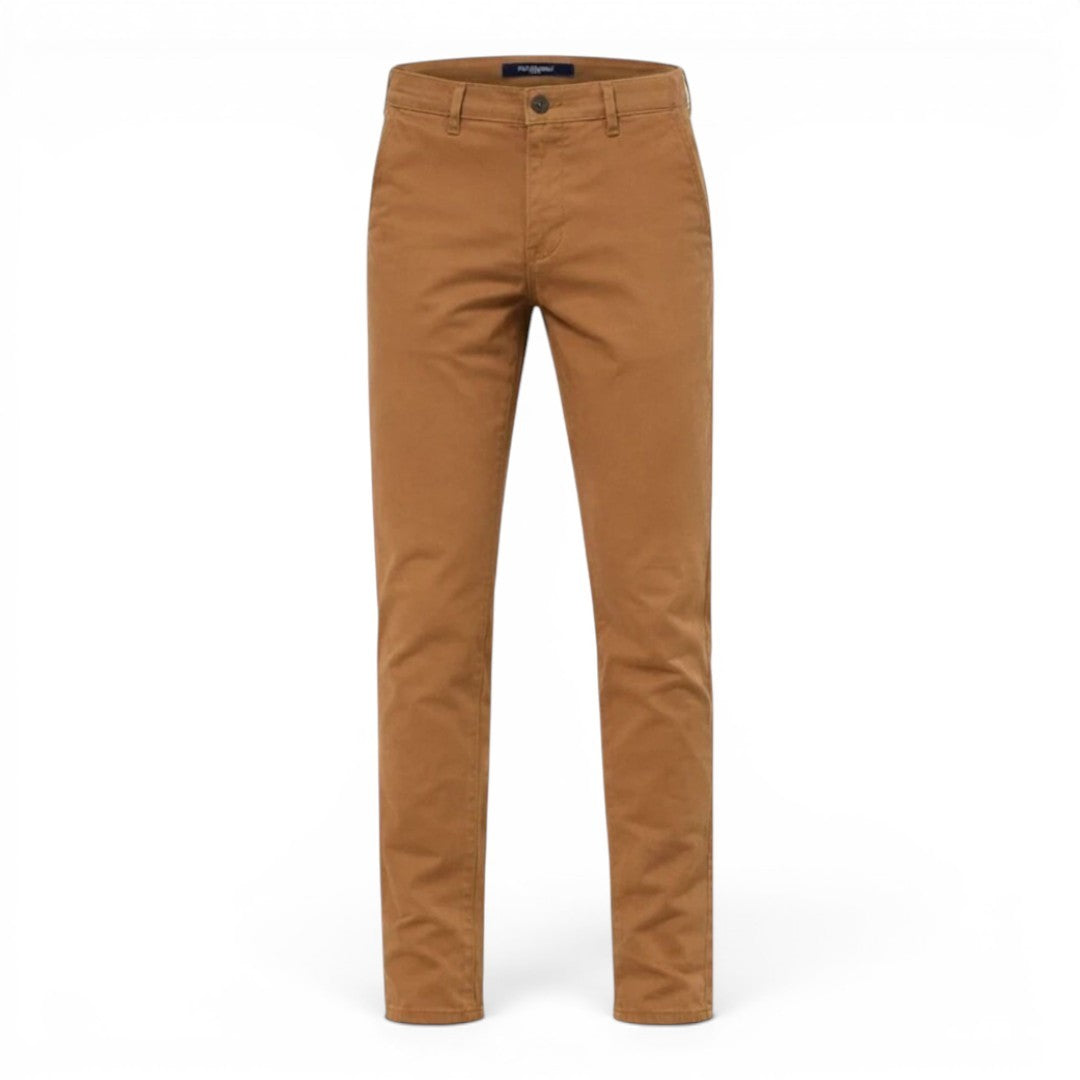 BRIKLYN classic fit chino pants in tan cotton twill with a five-pocket design and clean silhouette.