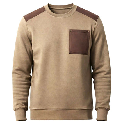 BRIKLYN tan crewneck sweatshirt with brown shoulder patches and chest pocket, cotton blend