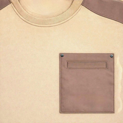 BRIKLYN tan crewneck sweatshirt with contrasting brown shoulder panels and a chest pocket. Cotton blend.