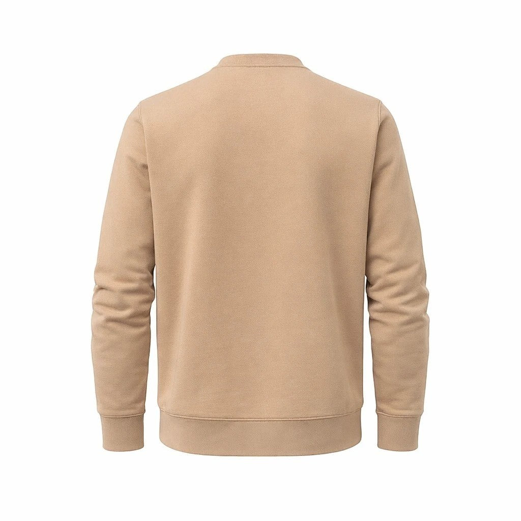 BRIKLYN tan crewneck sweatshirt with chest pocket and contrasting brown shoulder details, made from a cotton blend.
