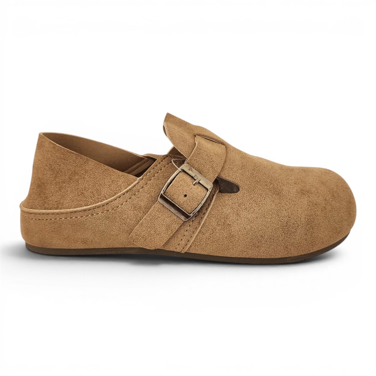 BRIKLYN tan suede slip-on clogs with a side buckle strap and closed-toe design for casual everyday comfort.