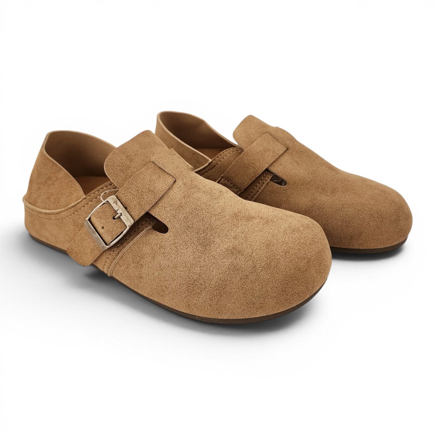 BRIKLYN tan suede slip-on clogs featuring a closed-toe design and an adjustable metal buckle strap.