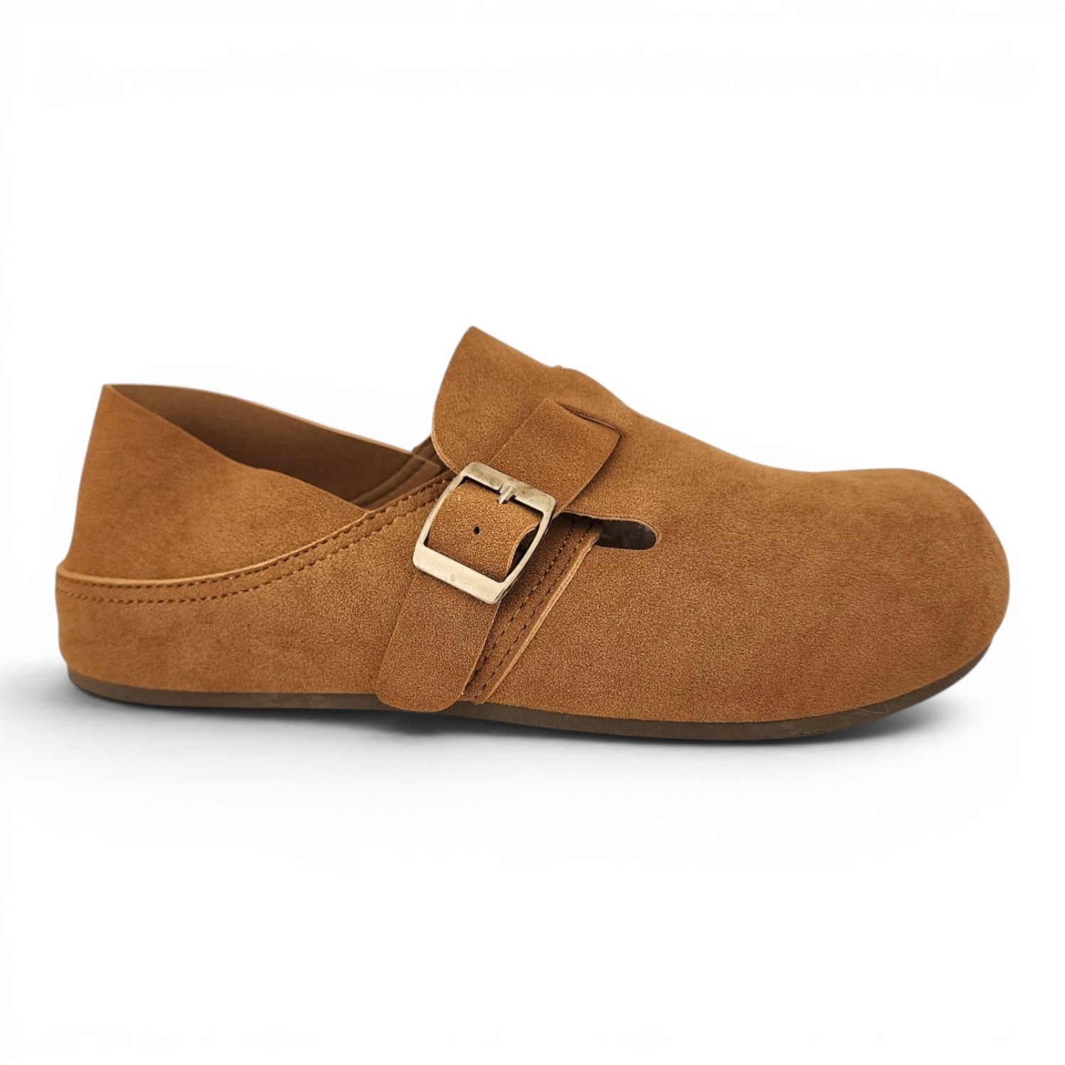 BRIKLYN tan suede slip-on clogs featuring a closed-toe design and an adjustable gold-tone buckle strap.