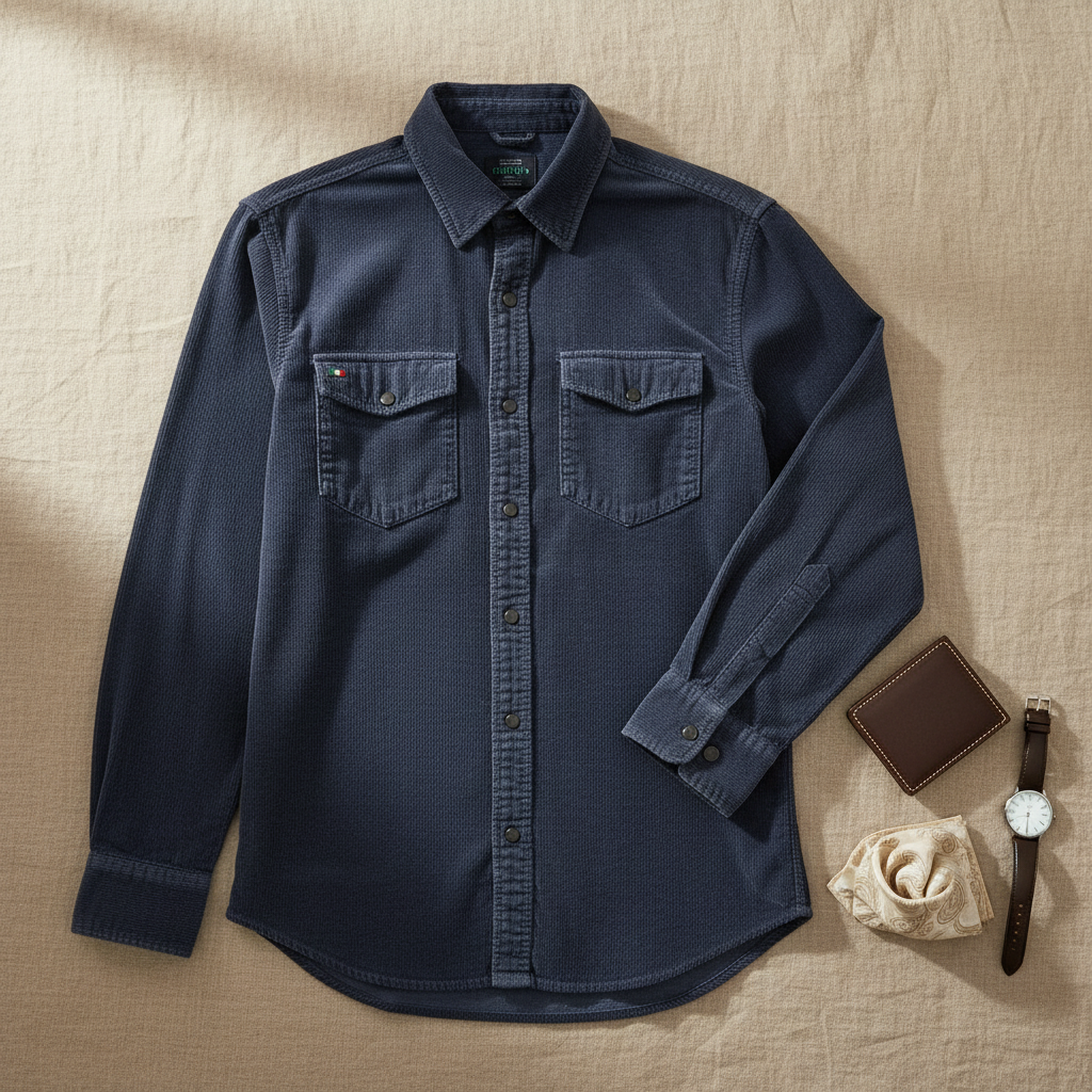 Navy corduroy shirt flat lay on linen surface with accessories