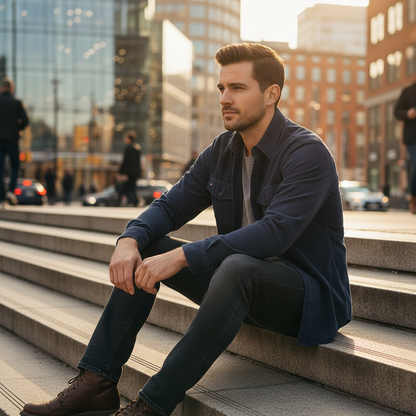 Man wearing navy corduroy shirt sitting on concrete steps, golden hour