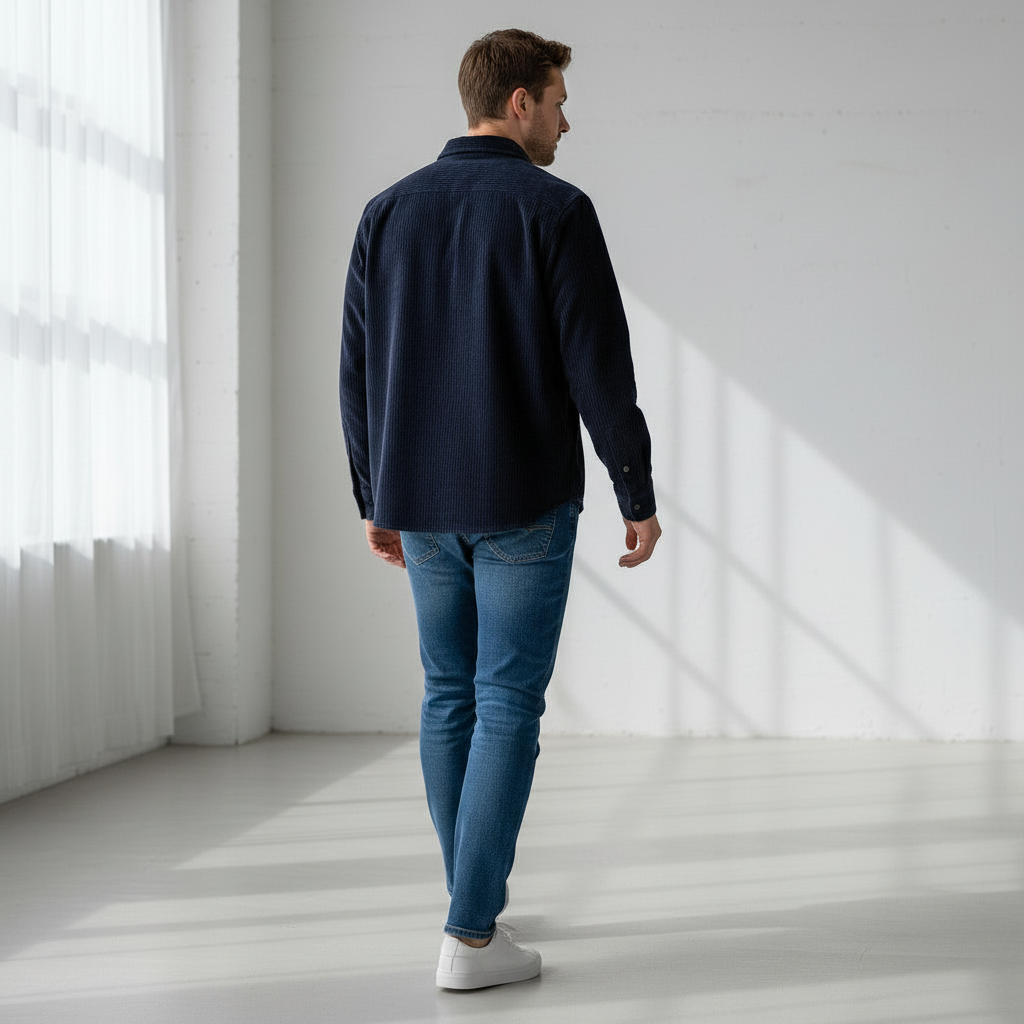 Man wearing navy corduroy shirt in minimalist indoor space, back angle
