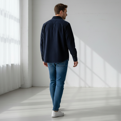 Man wearing navy corduroy shirt in minimalist indoor space, back angle